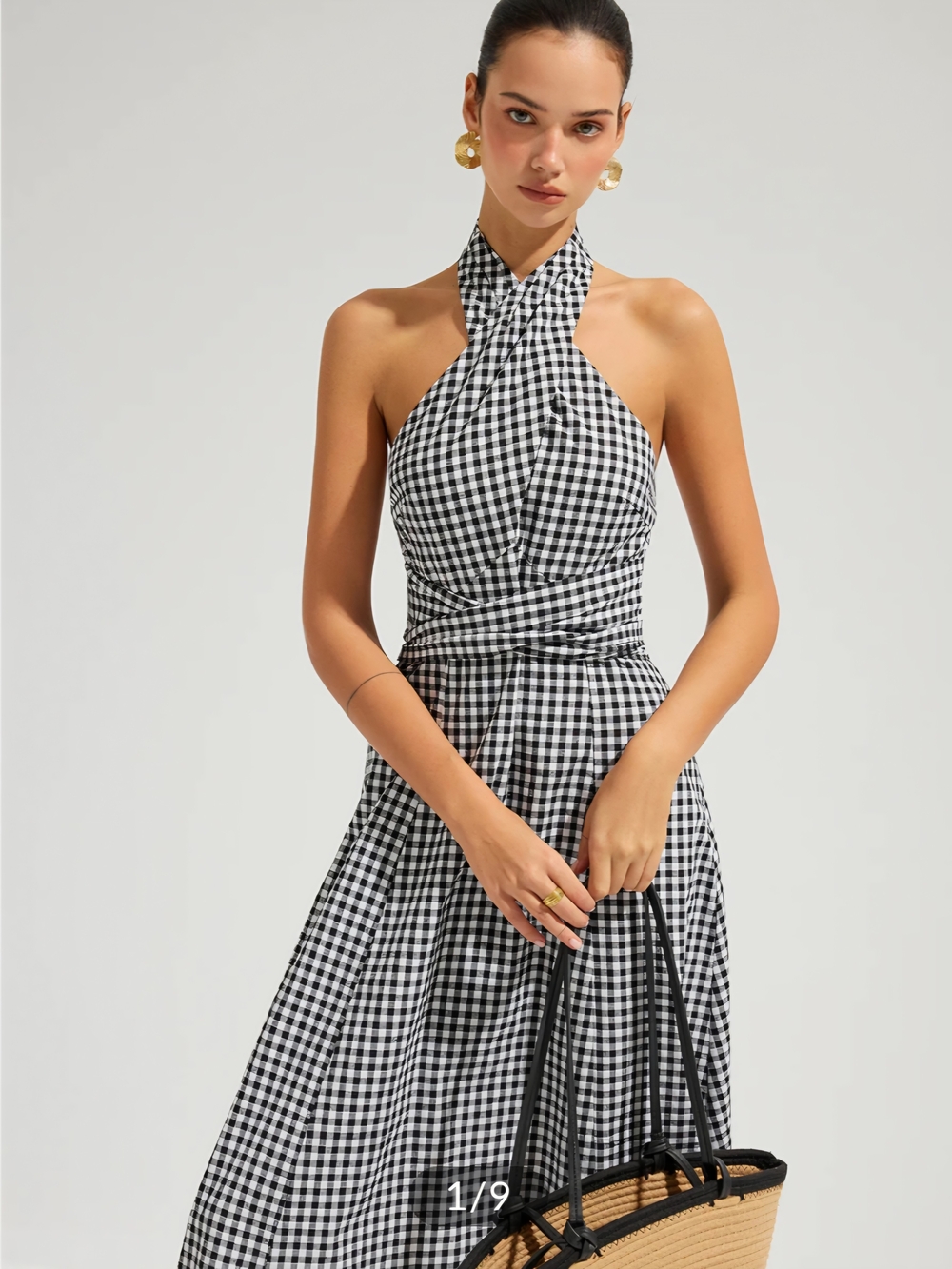 Gingham Halter Cotton Maxi Dress In White And Black - Picture 3 of 5